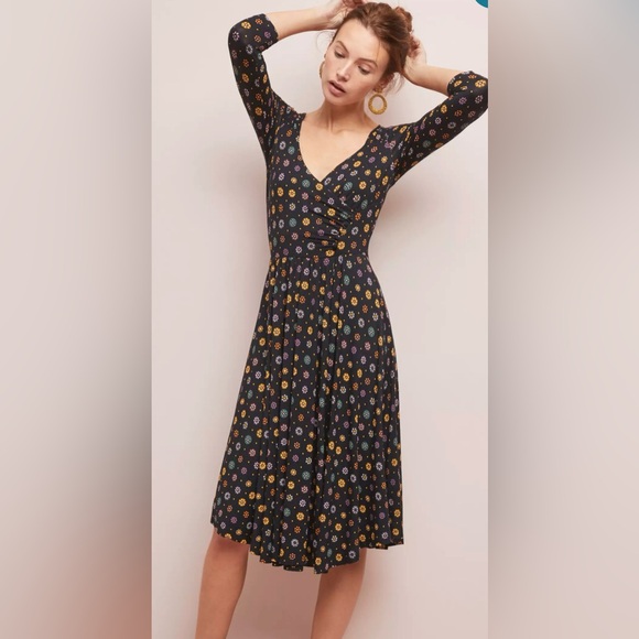 Anthropologie Dresses & Skirts - Anthropologie Women’s Maeve Black Floral Rayon 3/4 Sleeve Dress Size XS